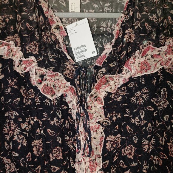 H&M Dark Floral Dress Black Red Tier Maxi Ruffle Long Sleeve Prairie - Picture 5 of 7